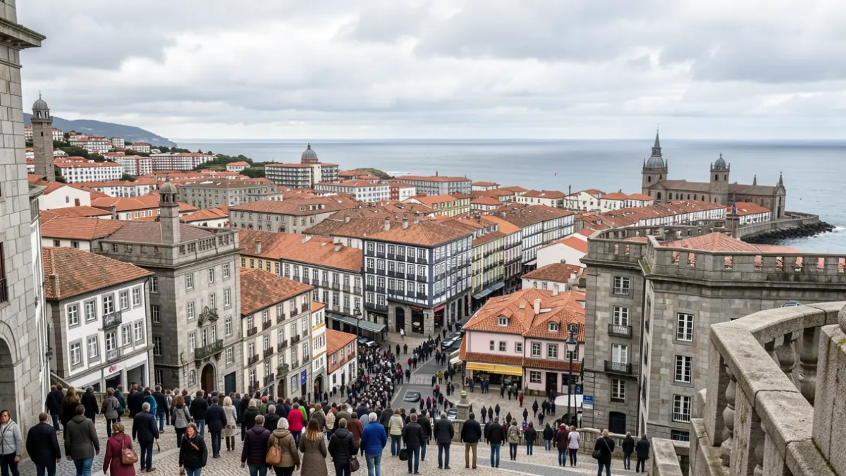 Imaxe xenérica da cidade de Vigo, Galicia, co océano Atlántico de fondo e arquitectura de granito.