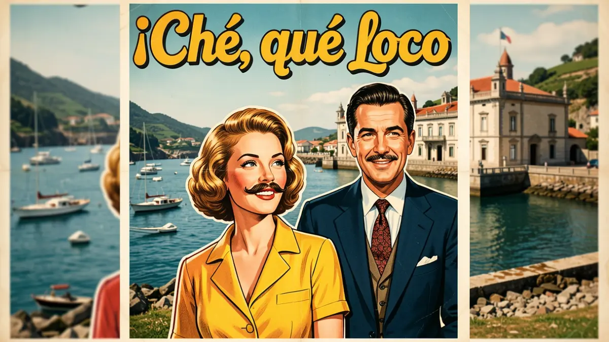 Póster de película antigua de la comedia "¡Ché, qué loco!", con escenas de Vigo y personajes.