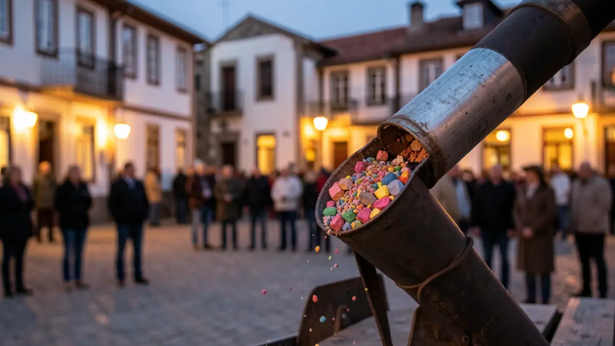 Primer plano de un tubo de mortero de fuegos artificiales siendo cargado con pólvora colorida, sobre un fondo desenfocado de una plaza de un pueblo gallego al anochecer.