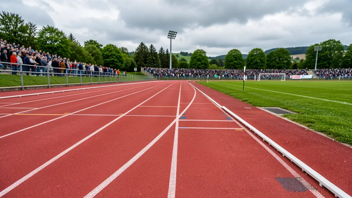 Imagen genérica de una pista de atletismo gallega con detalles de granito y alrededores verdes, bajo un cielo nublado.