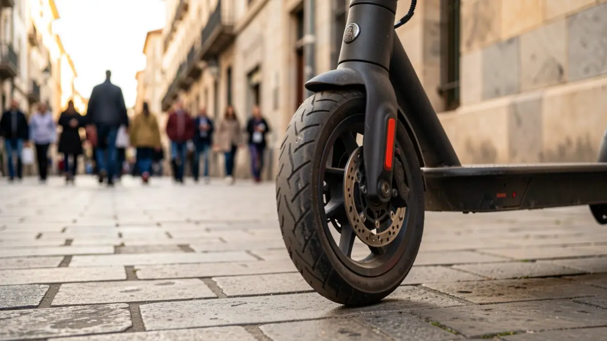 Primer plano de una rueda de patinete eléctrico aparcado en una calle empedrada de Lugo, con edificios de granito desenfocados al fondo.