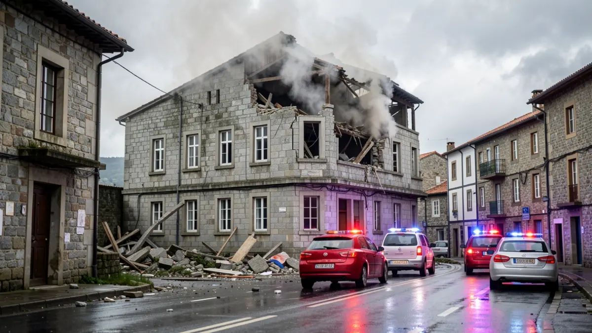 Imaxe dun edificio parcialmente derrubado en Ourense con fume e luces de emerxencia.