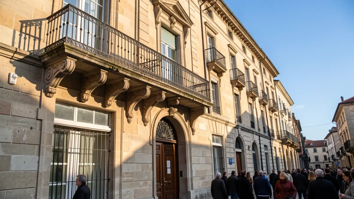 Imaxe xenérica dunha praza con proxectores e bancos.