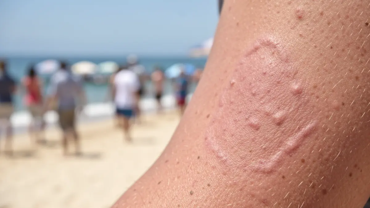 Primeira plana dunha pel con signos de danos solares, cunha praia soleada desenfocada ao fondo.