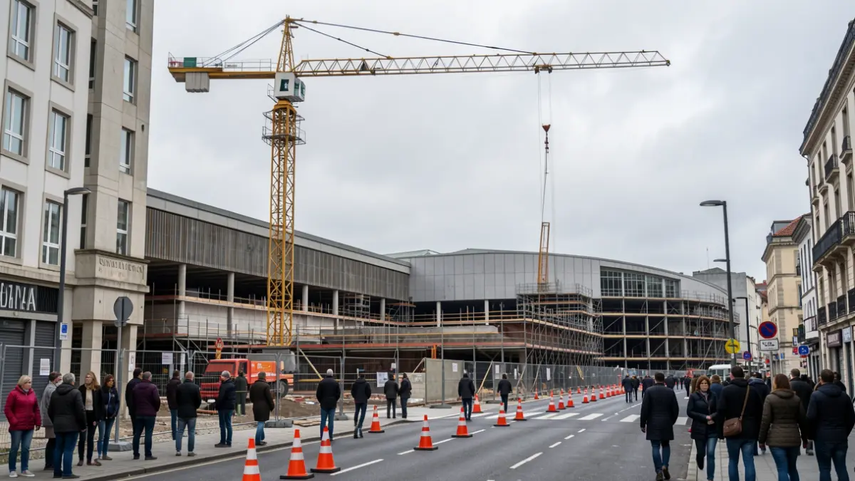 Imaxe dunha obra no mercado de Santa Lucía na Coruña, cunha grúa de grandes dimensións.