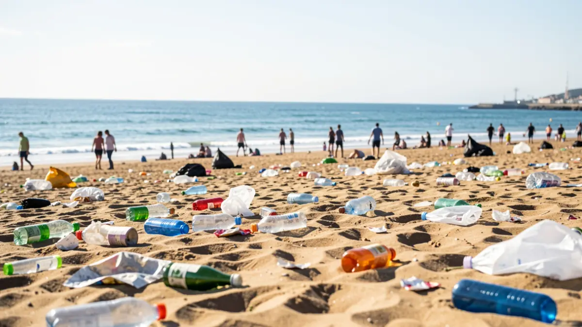 Imagen genérica de limpieza de playas con residuos esparcidos.