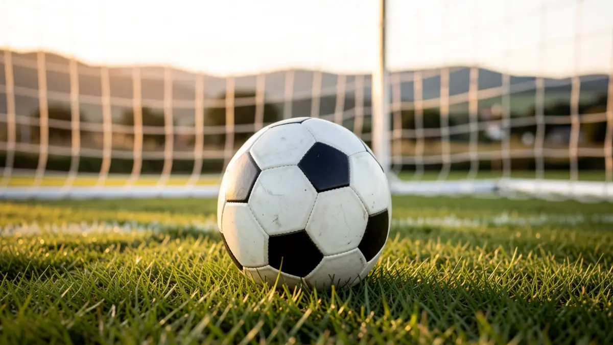 Imagen genérica de un balón de fútbol sobre césped con una red de meta desenfocada al fondo.
