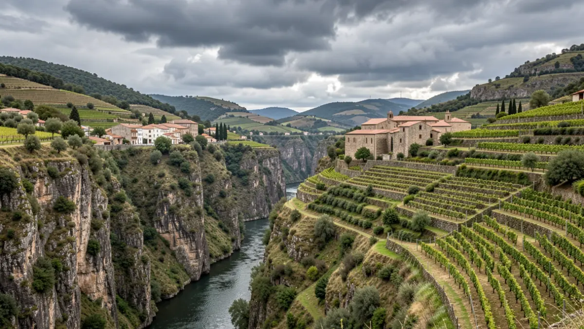 Imagen genérica del paisaje de la Ribeira Sacra con cañones, viñedos y monasterios.