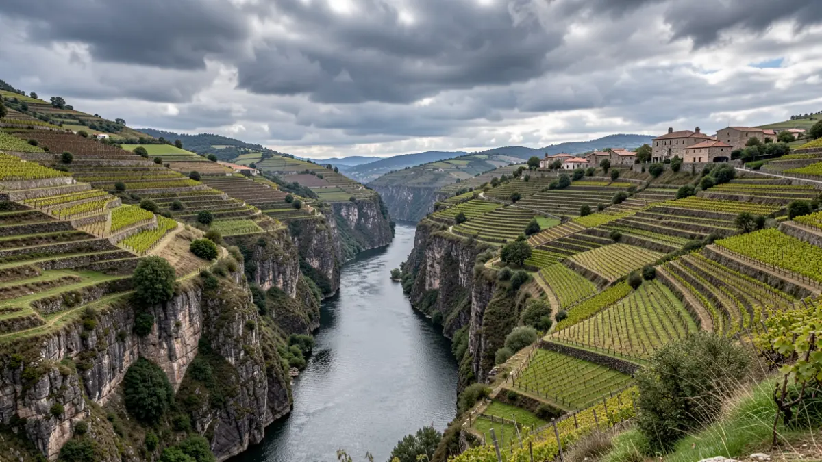 Imaxe panorámica da paisaxe da Ribeira Sacra, con cañóns fluviais, viñedos en socalcos e arquitectura de pedra baixo un ceo nubrado.