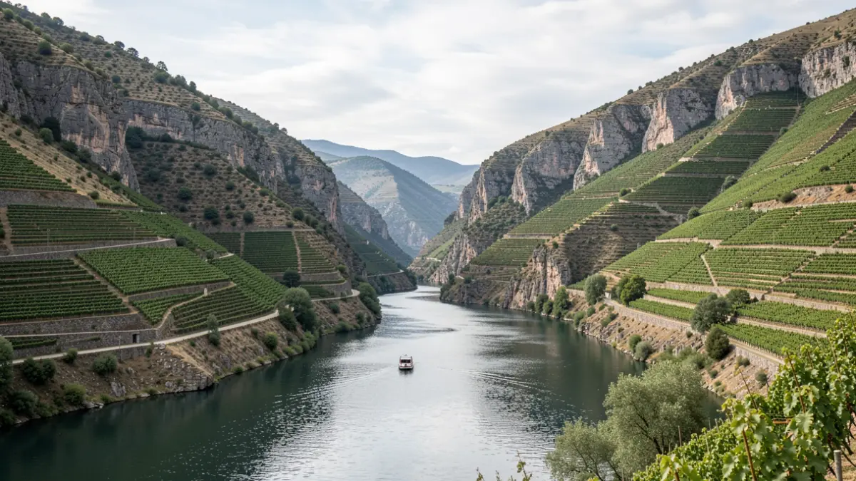 Imaxe xenérica de paisaxe fluvial con viñedos en socalcos na Ribeira Sacra.