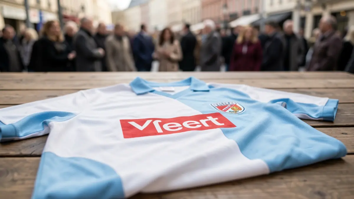 Imaxe dunha camiseta de fútbol antiga branca e azul celeste cun logo de patrocinador vermello.