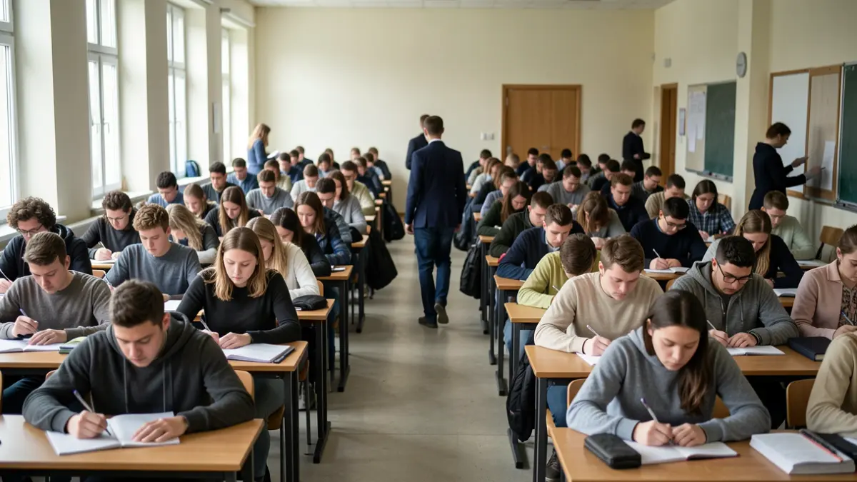 Imaxe xenérica de estudantes realizando exames nunha universidade.