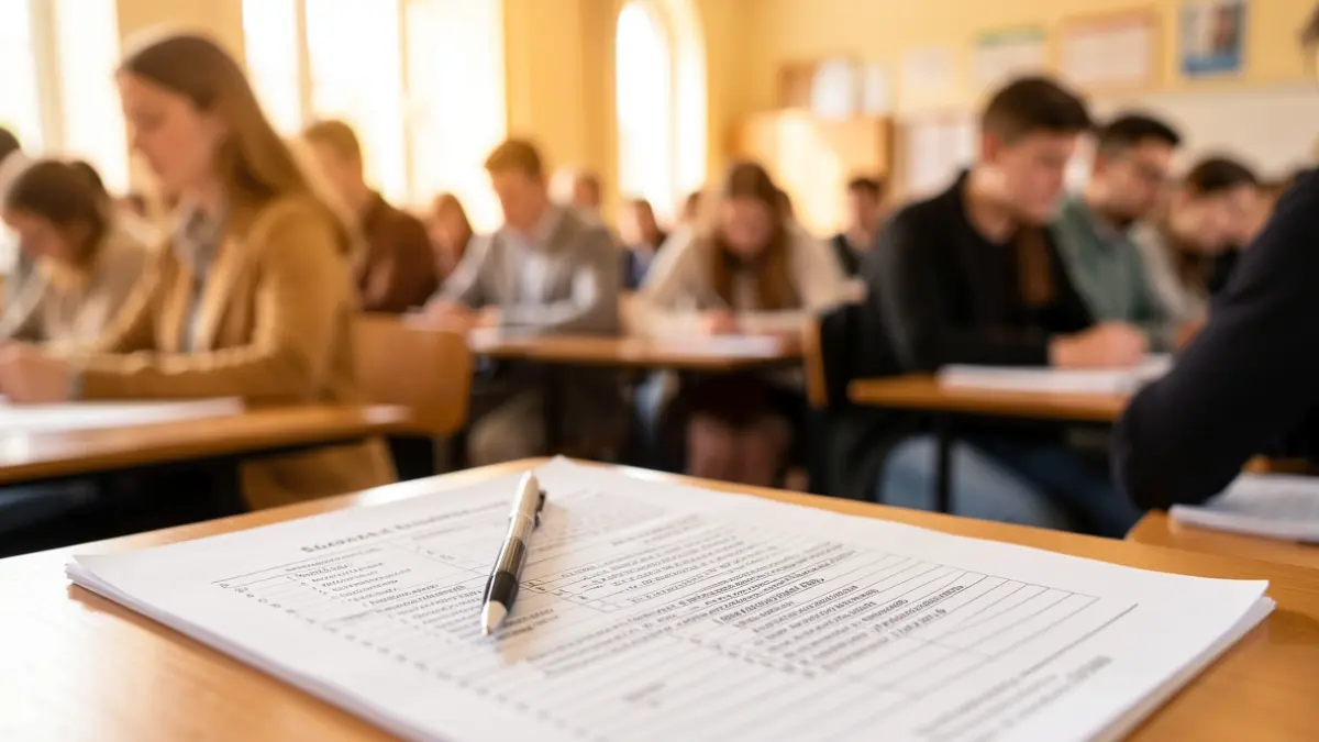 Primera página de un examen de acceso a la universidad con un bolígrafo, fondo desenfocado de estudiantes.