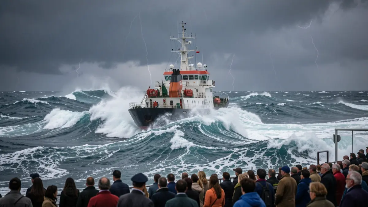 Imagen de un buque de investigación luchando contra un huracán en el mar, con olas gigantes y cielo tormentoso.