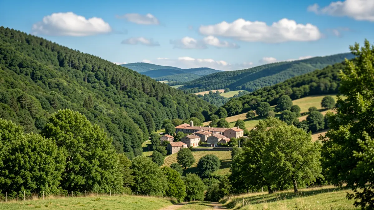 Imaxe xenérica dunha paisaxe rural galega na Serra do Courel, con bosques frondosos e unha pequena aldea de pedra.