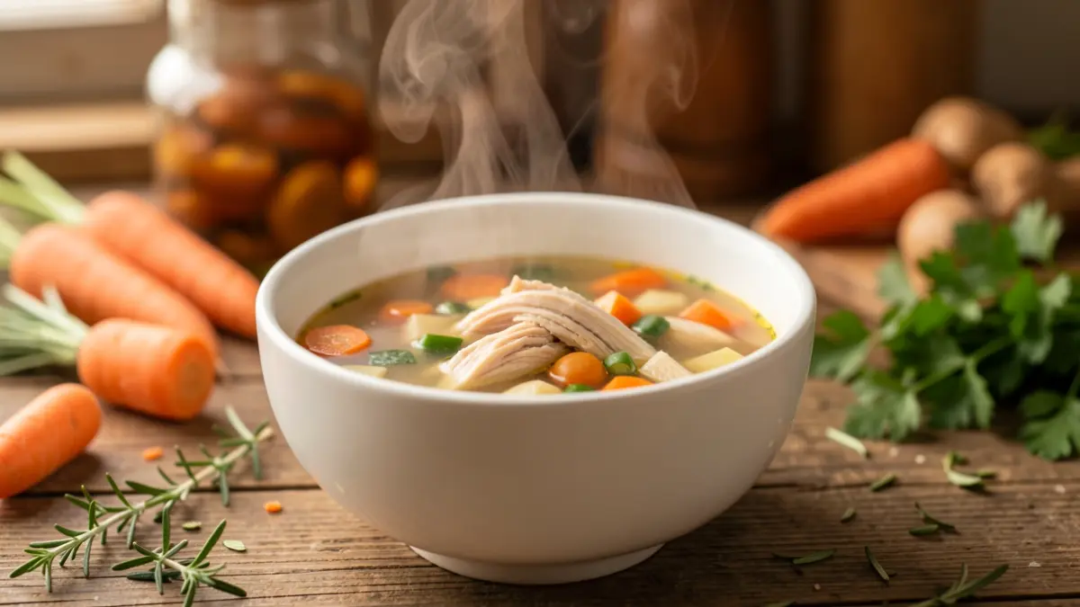 Un cuenco de sopa de pollo humeante con verduras en una cocina rústica.