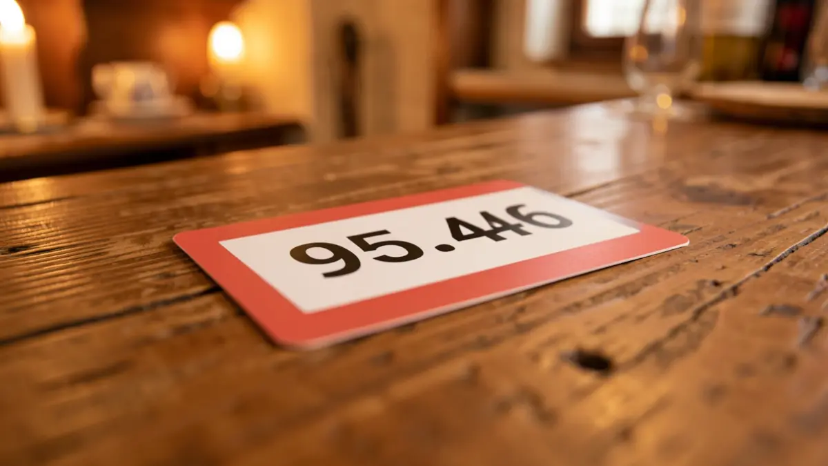 Primeiro plano dun cupón da lotaría co número 95.146 parcialmente visible, sobre un mostrador de madeira rústico.
