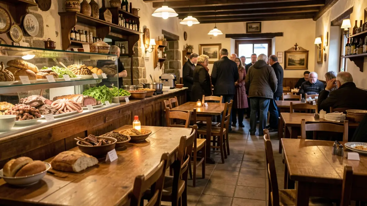 Imaxe xenérica dun interior de taberna galega tradicional con detalles de comida local.