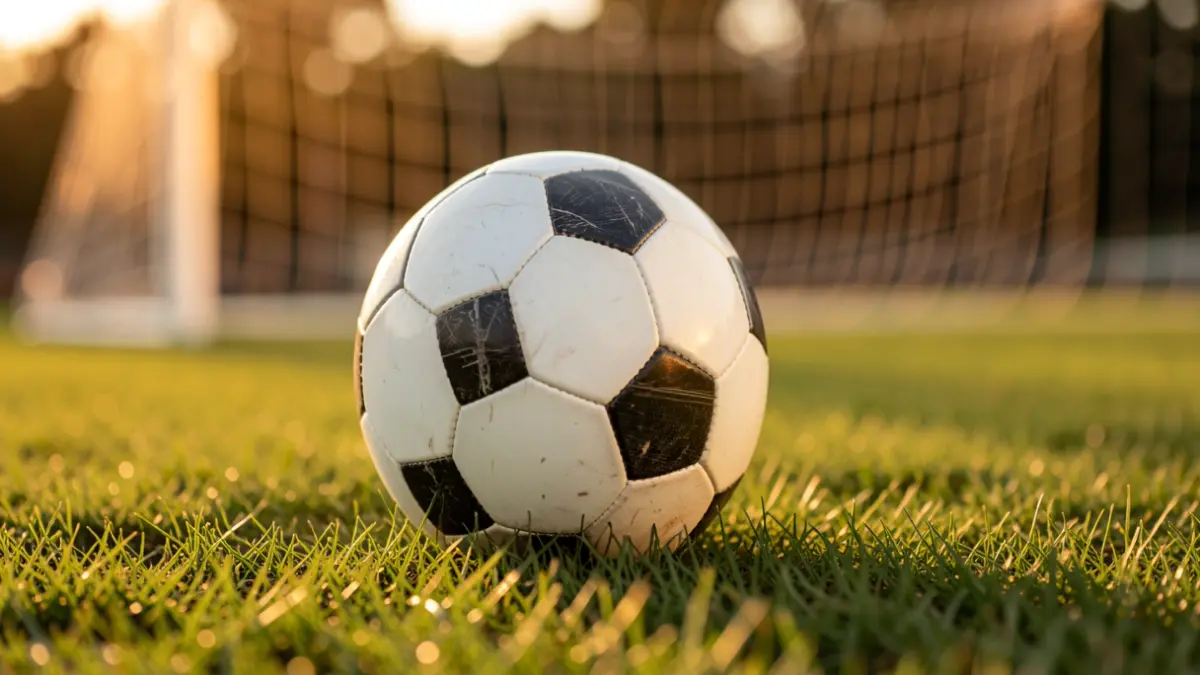 Imaxe xenérica dun balón de fútbol sobre herba con rede difuminada.