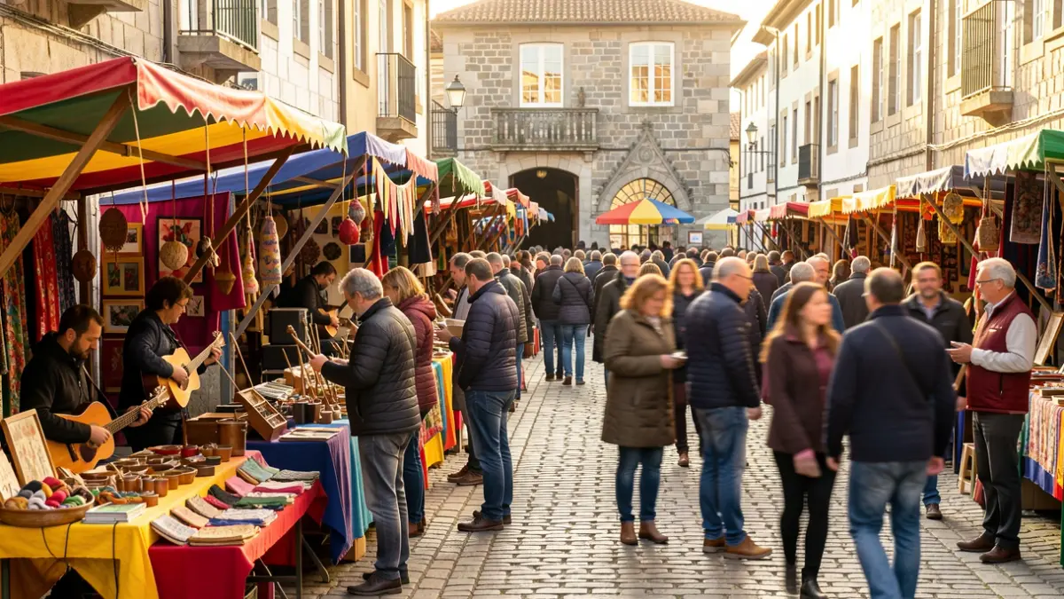 Imagen de una calle festiva en el barrio de A Tinería en Lugo con puestos de artesanía y gente.