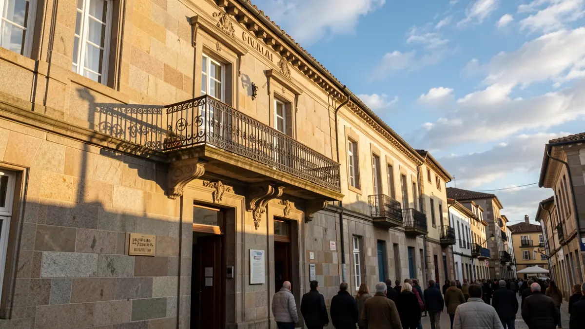 Imaxe xenérica dunha casa consistorial de granito galega con balcón ornamentado.