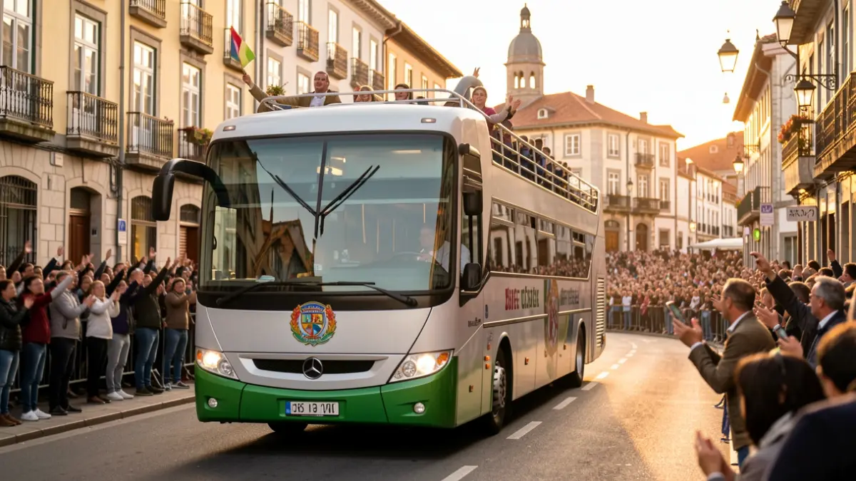 Imagen genérica de un autobús descapotable celebrando un ascenso deportivo con una multitud borrosa.