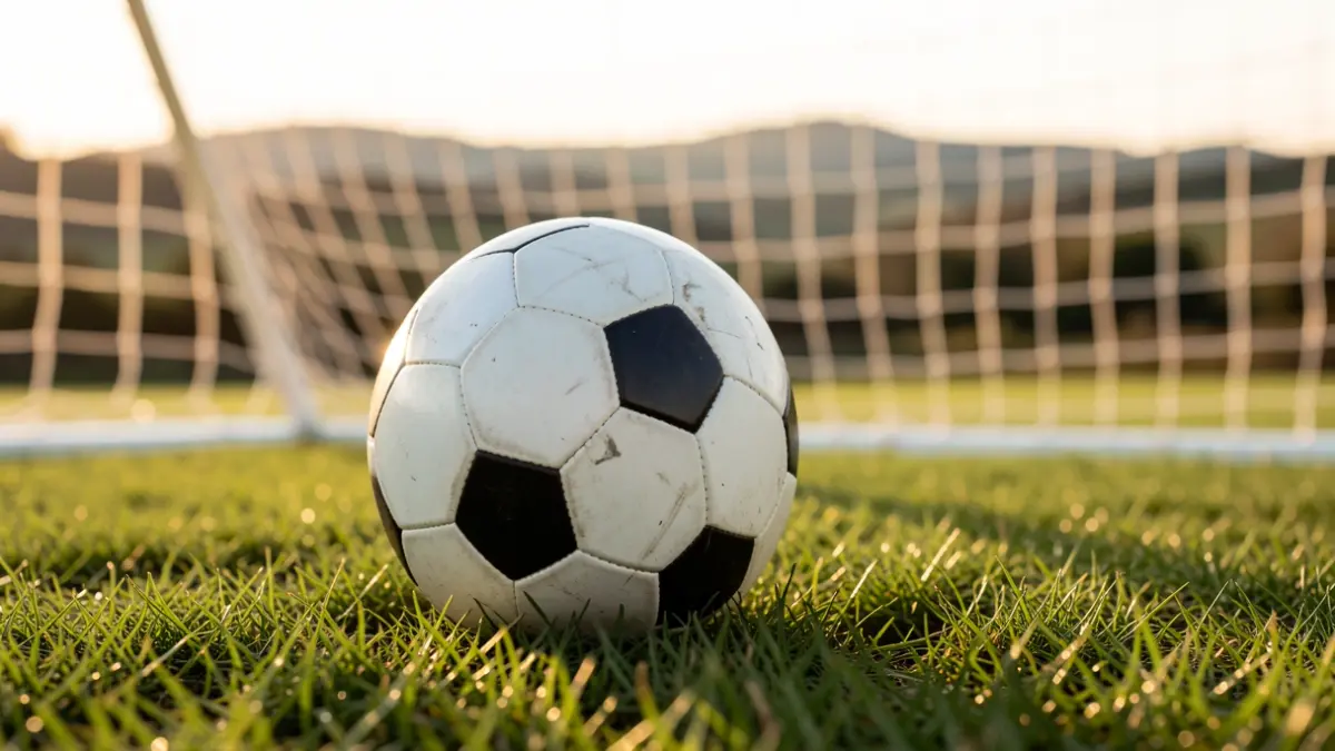 Imagen genérica de un balón de fútbol sobre hierba con una portería desenfocada al fondo.