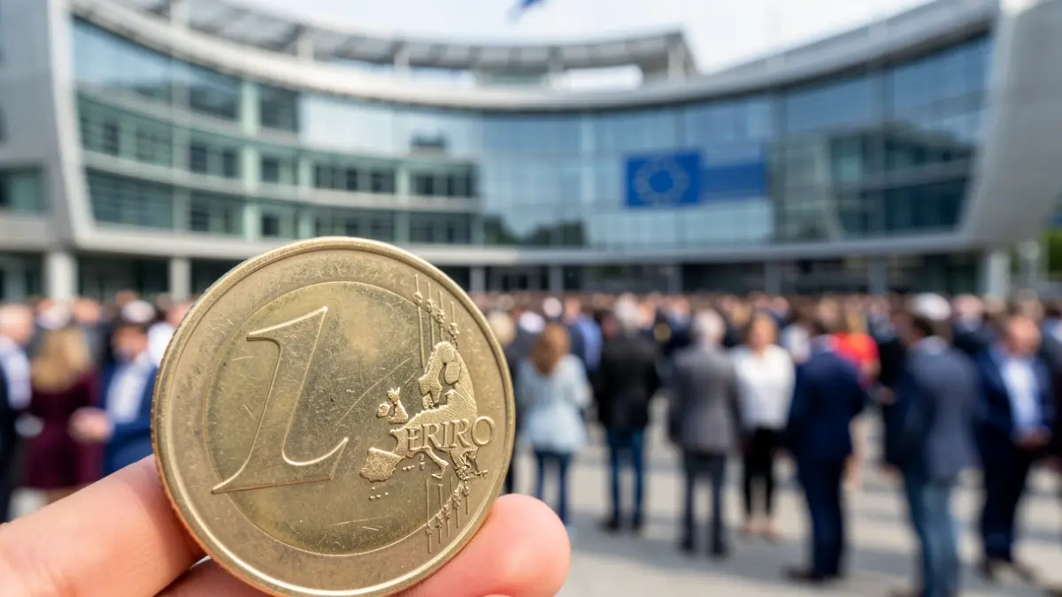 Imagen genérica de una moneda de euro española con un edificio del Parlamento Europeo desenfocado al fondo.