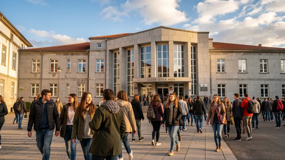 Imaxe xenérica dun edificio universitario de granito en Galicia con estudantes.
