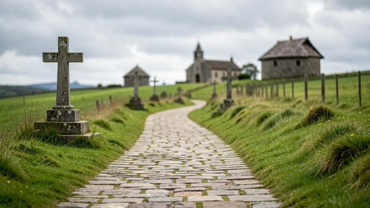 Imagen genérica de un camino de peregrinación en Galicia con cruceiros y hórreos.