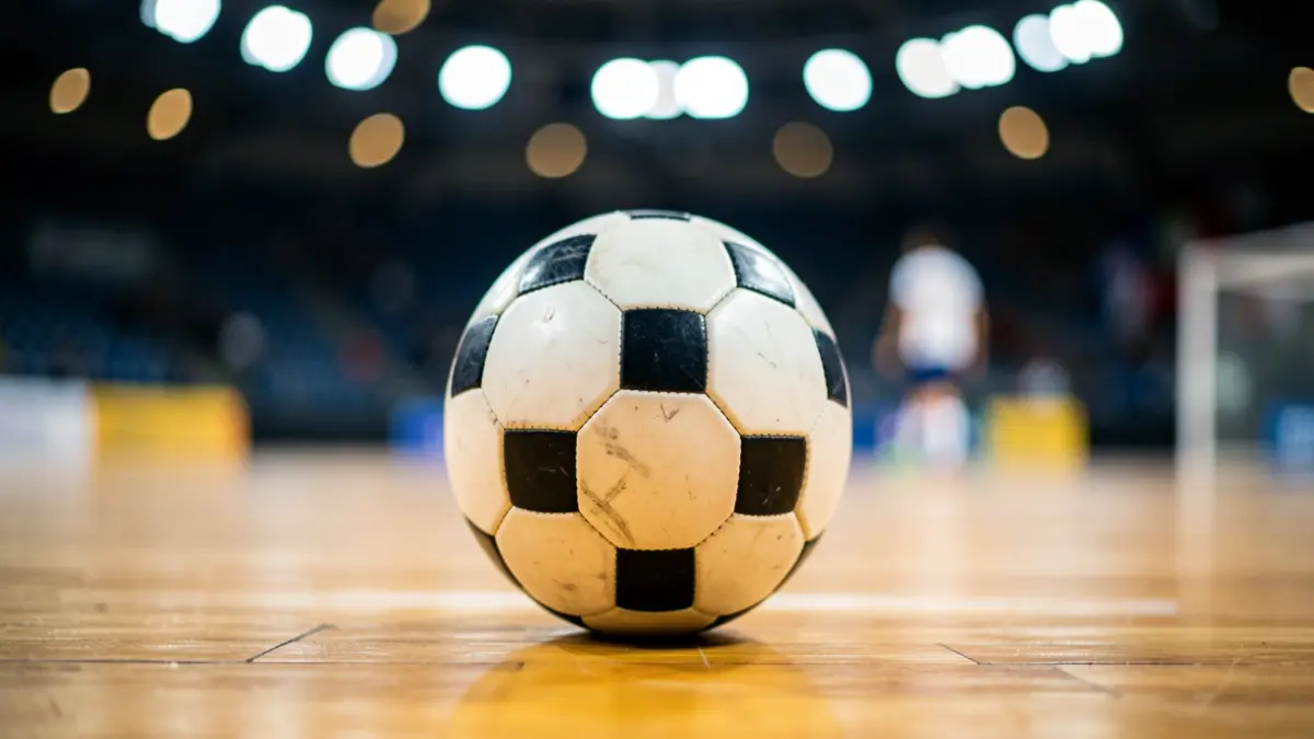 Imaxe xenérica dun balón de fútbol sala nunha cancha de madeira.