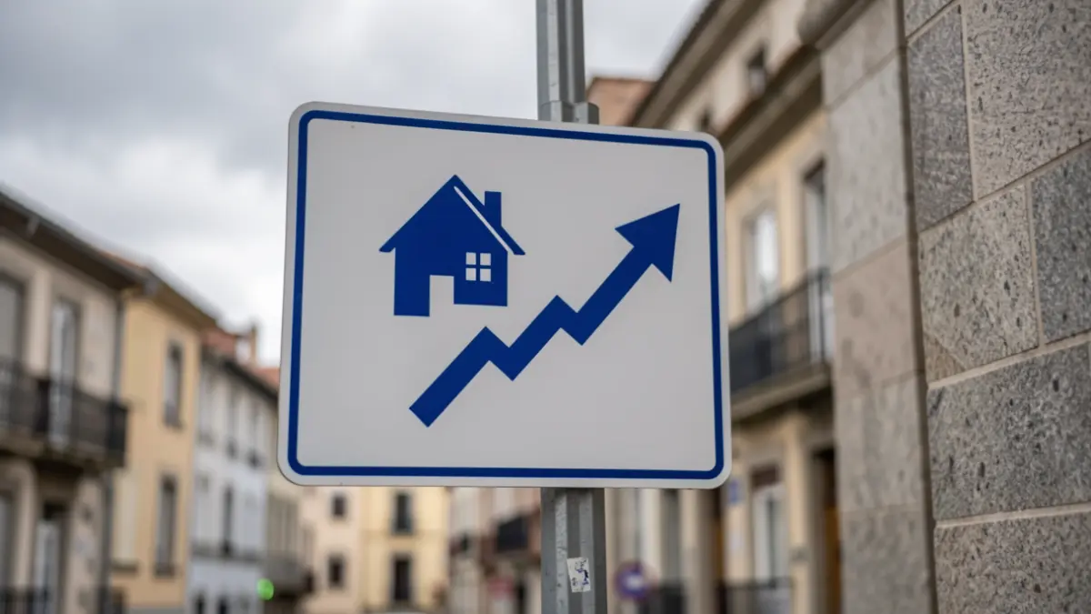 Imaxe xenérica dun cartel inmobiliario cun gráfico ascendente fronte a edificios de Pontevedra.