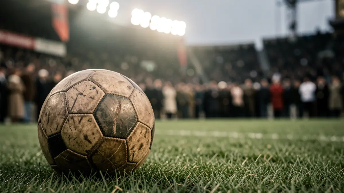 Imagen genérica de un balón de fútbol antiguo sobre césped con luces de estadio desenfocadas.