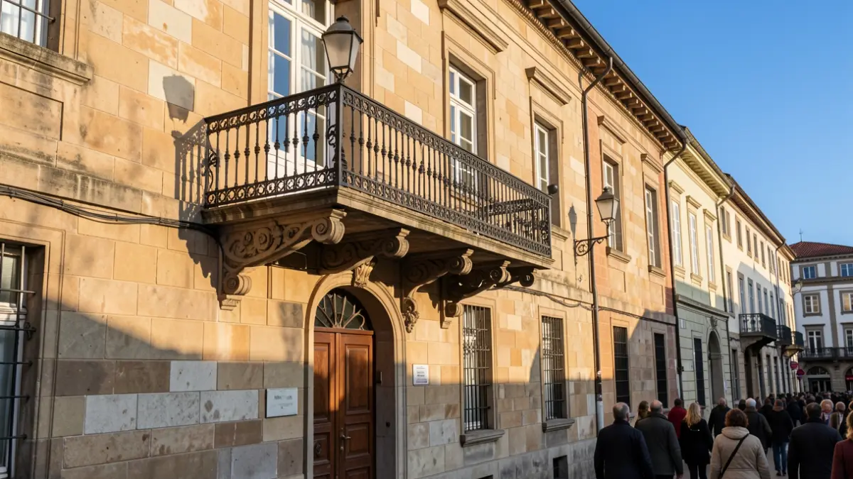Imaxe xenérica dun edificio administrativo galego con detalles de pedra e balcón de ferro baixo a luz do sol da tarde.