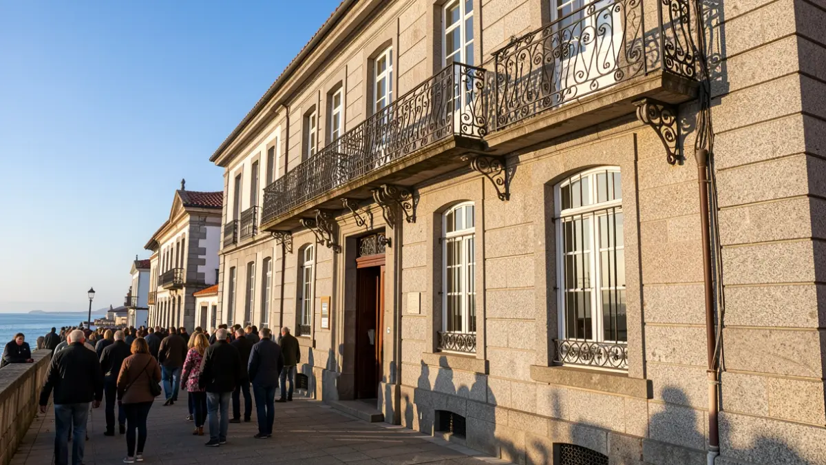 Imagen genérica de una fachada de ayuntamiento costero gallego de granito con balcón de hierro, luz solar de la tarde.