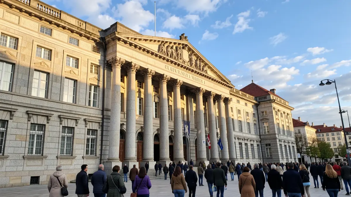 Fachada del Parlamento de Galicia con cielo azul y luz solar.