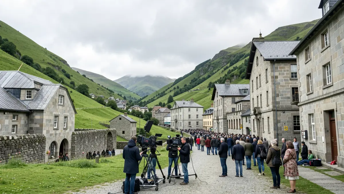 Imaxe xenérica dun equipo de rodaxe nun val galego con arquitectura de granito.