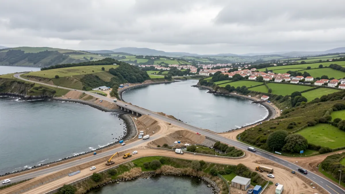 Vista aérea dunha costa galega coa construción dunha nova estrada sobre unha ría.