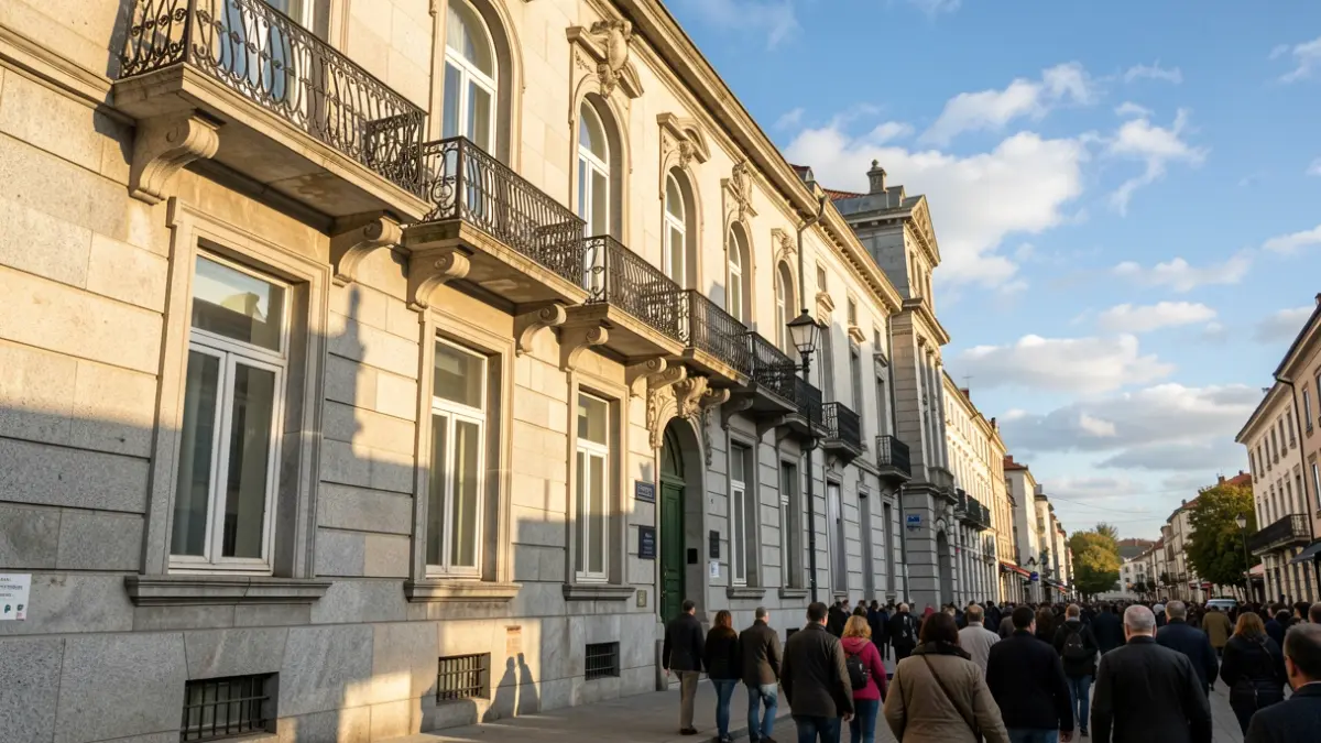 Fachada de granito dun edificio da Xunta de Galicia con balcóns ornamentais e varandas de ferro, luz solar cálida da tarde proxectando sombras, ceo azul con nubes dispersas.