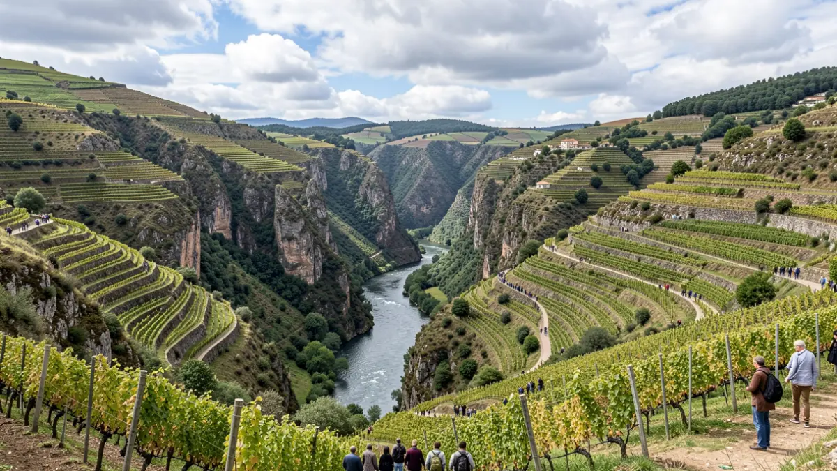 Imaxe panorámica da paisaxe da Ribeira Sacra galega, con cañóns de ríos, viñedos en socalcos e o río ao fondo.