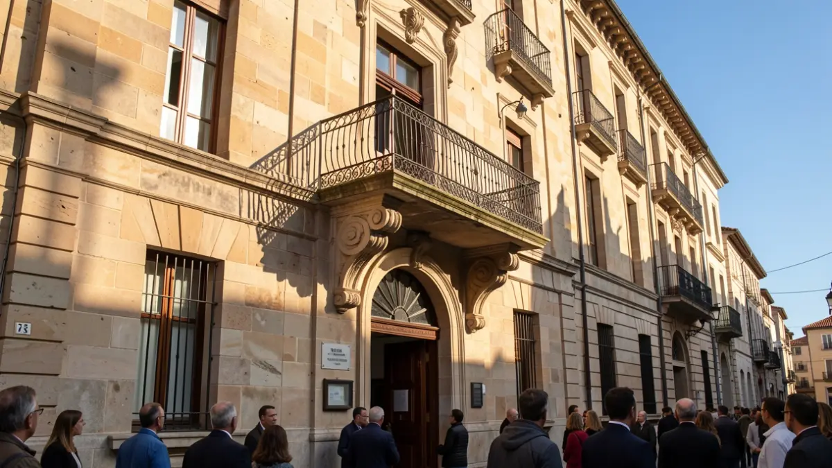 Imaxe xenérica dun edificio institucional de pedra con balcón e raís de ferro, luz solar de tarde.
