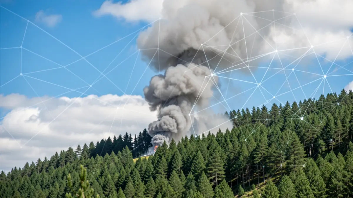 Imaxe xenérica de fume dun incendio forestal en Galicia con liñas dixitais superpostas.
