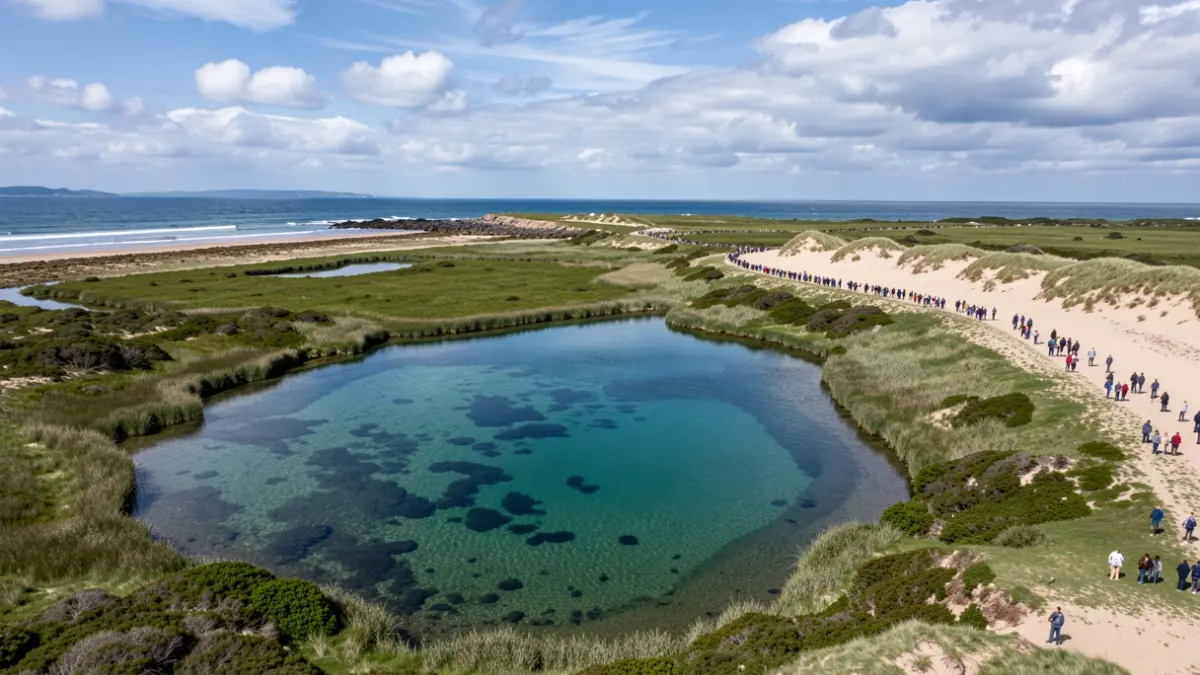 Imaxe aérea dunha lagoa costeira en Galicia con dunas e vexetación.