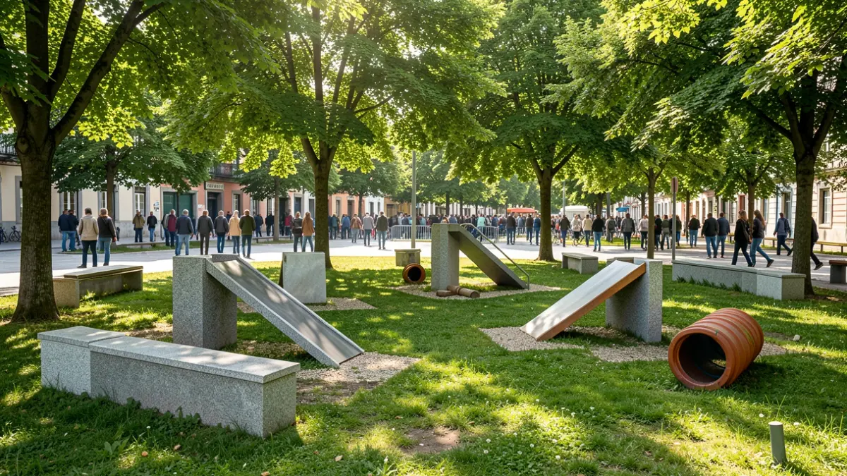 Imaxe xenérica dun parque canino moderno en Galicia con elementos de granito e zonas verdes.