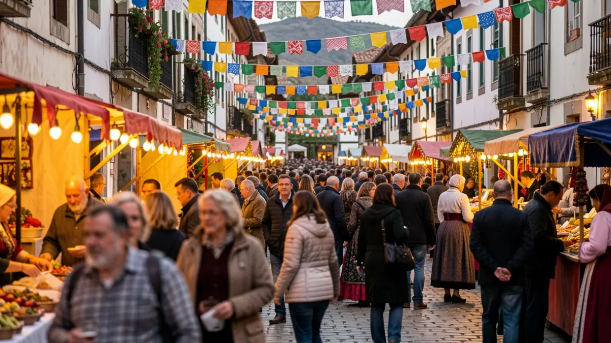 Imaxe xenérica dunha festa popular galega con decoracións coloridas e ambiente festivo.