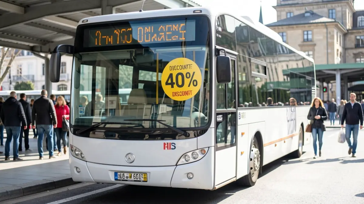 Imaxe xenérica de autobús interurbano galego con adhesivo de desconto.