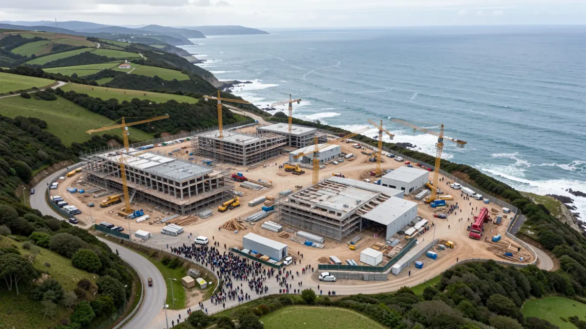 Imaxe aérea dun gran complex industrial en construción nunha zona costeira de Galicia, con guindastres e estruturas parcialmente construídas, rodeado de outeiros verdes e o océano Atlántico.