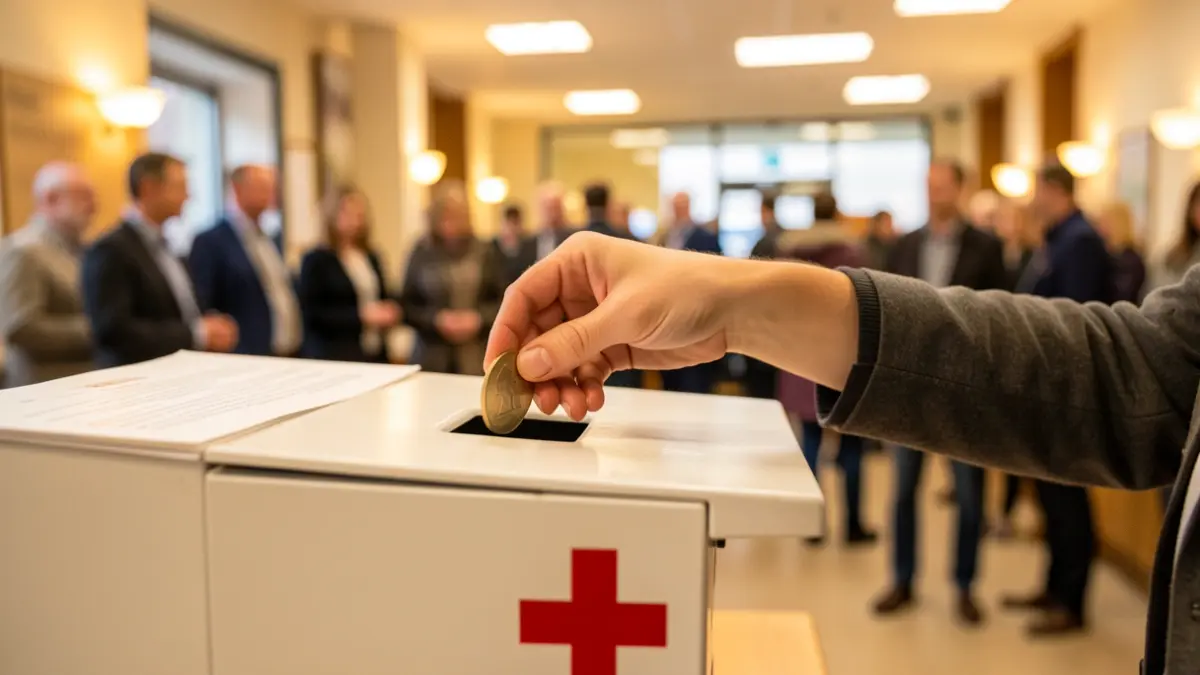 Imaxe xenérica de solidariedade: unha man depositando unha moeda nunha caixa de doazóns co símbolo da Cruz Vermella.