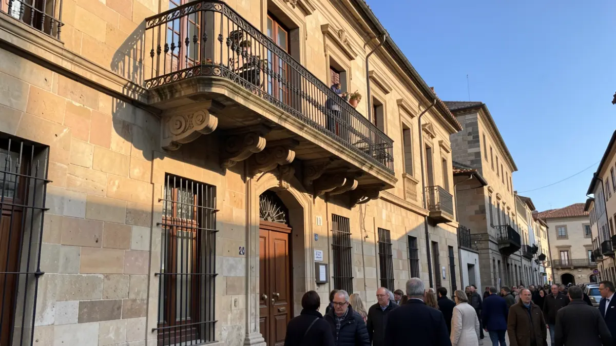 Imagen genérica de un ayuntamiento gallego de piedra con balcón y barandillas de hierro, luz solar cálida de la tarde.