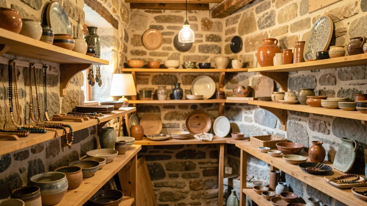 Interior de una tienda de artesanía en Viveiro con piezas de cerámica y joyería de madera.